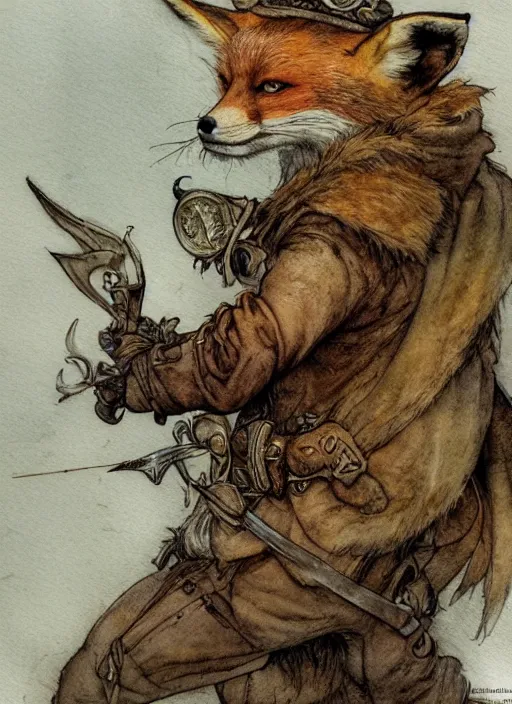 Image similar to portrait of a fox - faced ranger, human features, dnd, gwelf, highly detailed, perfect lighting, watercolor and ink illustration, muted colors. perfect composition, 4 k, by brian froud, larry macdougall, jean - baptiste monge, arthur rackham