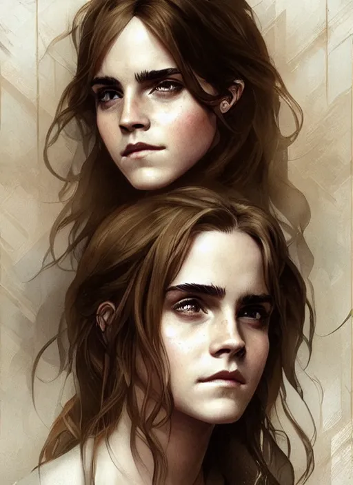 Image similar to emma watson as hermione. beautiful detailed face. by artgerm and greg rutkowski and alphonse mucha