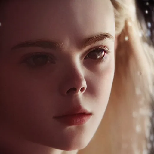 Image similar to Elle Fanning in Santorini at night, head and shoulders portrait, stormy weather, extremely detailed masterpiece, Roger Deakin’s cinematography, oil on canvas, Yoji Shinkawa,