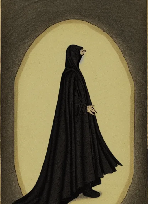 Image similar to fineart illustration of the necromancer, wearing a black cloak, crisp