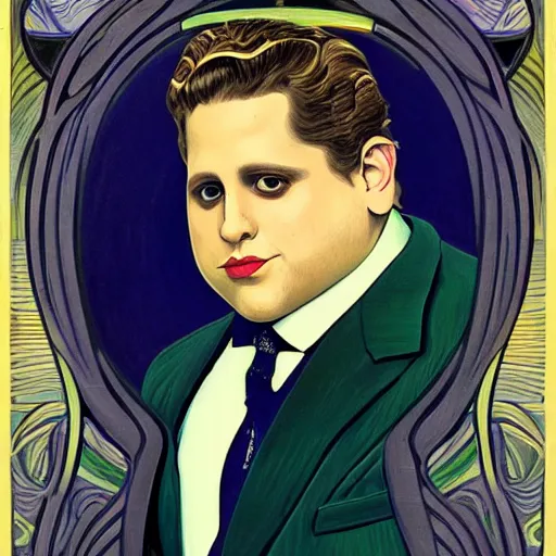 Image similar to an art nouveau streamline moderne portrait of jonah hill in the style of donato giancola and charles dulac and anna dittmann.