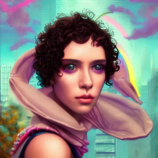 Image similar to Lofi vaporwave cyberpunk portrait beautiful woman with short brown curly hair, roman face, rainbow, Pixar style, Tristan Eaton, Stanley Artgerm, Tom Bagshaw