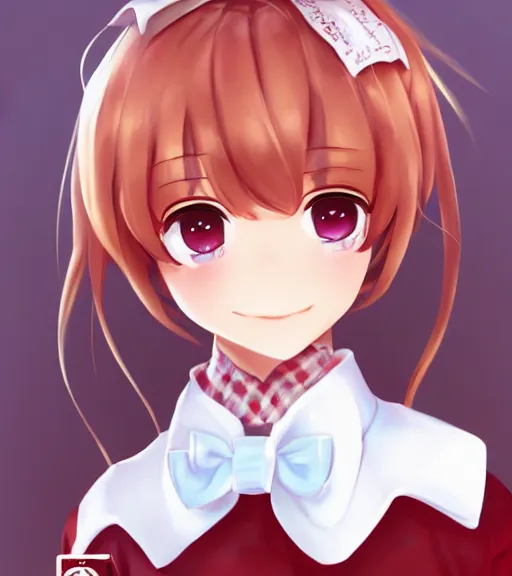 Image similar to portrait of Sayori from Doki Doki Literature Club, detailed facial features, optimistic colors, bright eyes, clear eyes, warm smile, delicate, red bow, school girl, by artgerm