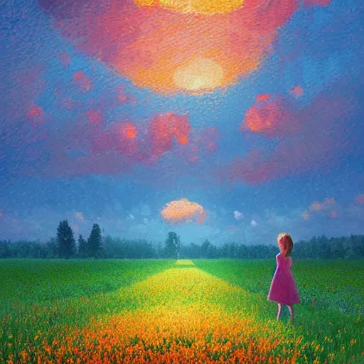 Image similar to girl of flowers, standing in a flower field, big trees, sunrise dramatic light, impressionist painting, colorful clouds, digital painting, pointillism, artstation, simon stalenhag