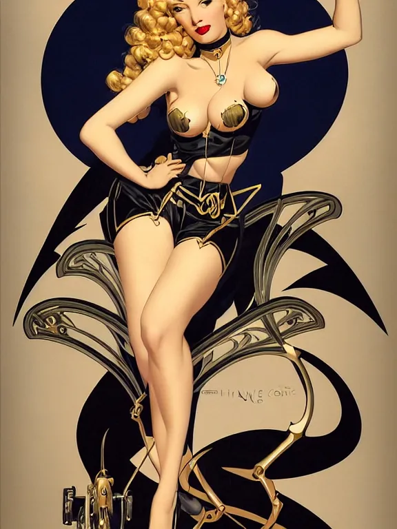 Image similar to black canary, a beautiful art nouveau portrait by Gil elvgren and Hajime Sorayama, dc animation, centered composition, defined features, golden ratio, diamond jewlery, photorealistic professional lighting, cinematic, sheer