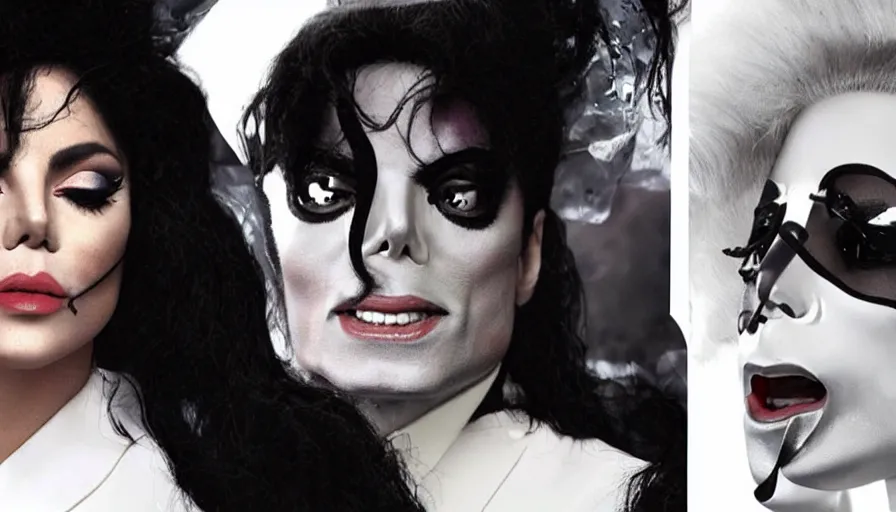 Image similar to michael jackson and lady gaga in a surreal futuristic music video