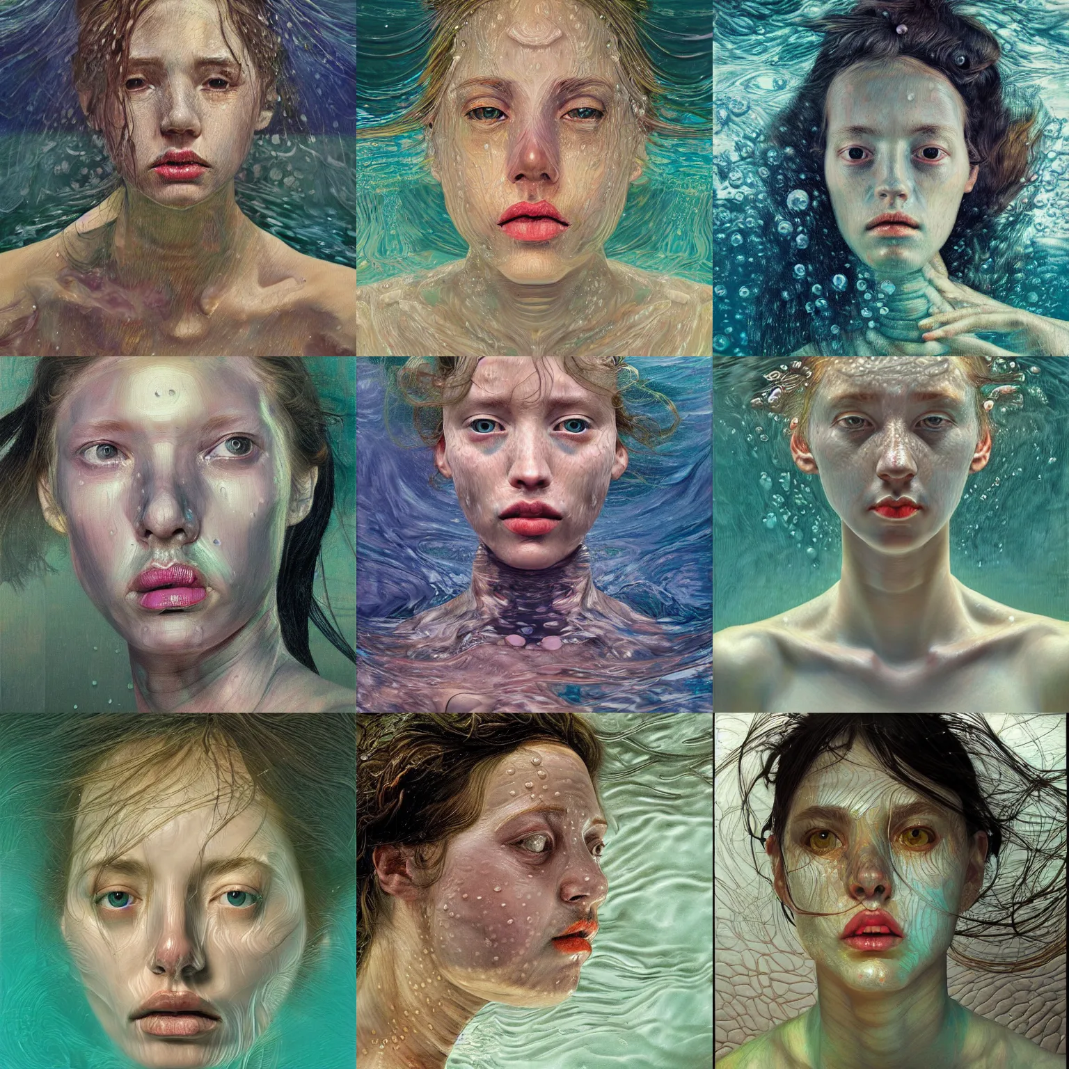 Prompt: hyperrealist female portrait underwater dark ocean wet in the style of lucian freud and victo ngai and ilya repin very detailed faces