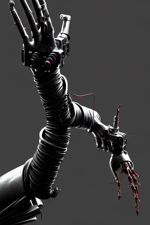 Prompt: a cyberpunk dark metallic arm prosthesis realistic proportions, electric, close look, anatomically correct hand and fingers, sci - fi, rpg, digital painting, cad render, artstation, concept art, smooth, 8 k frostbite 3 engine, ultra detailed