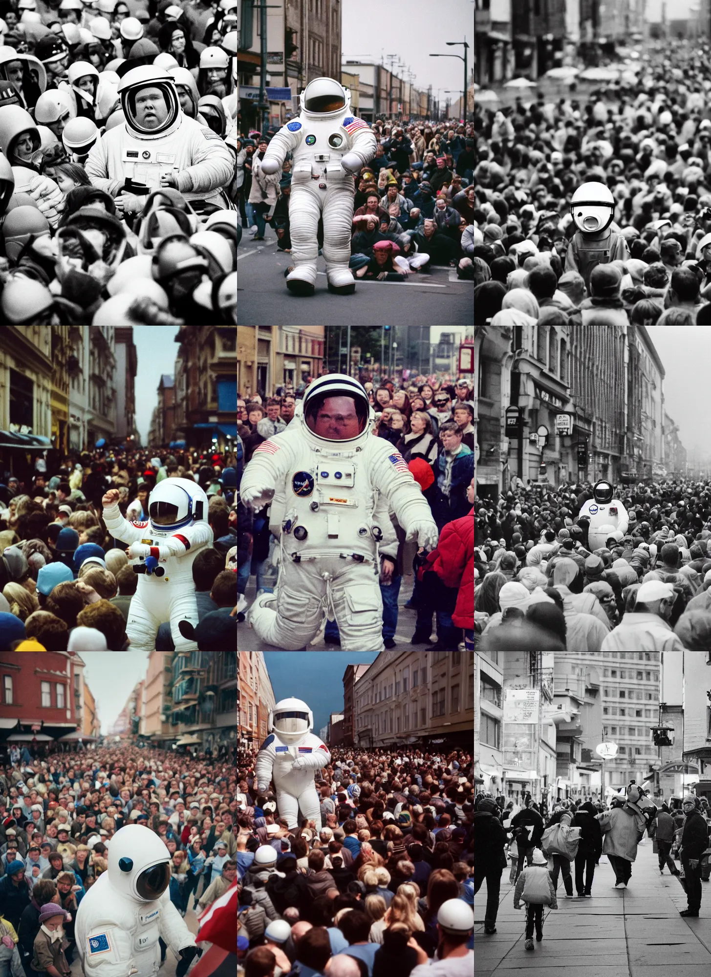 Prompt: color photograph by legnica, extreme low angle long shot, white extremely oversized giant chubby fat american astronaut in spacesut with oversized helmet walking in legnica, surrounded by crowd, movie still, bokeh, canon 5 0 mm, cinematic lighting, dramatic, film, photography, depth of field, award - winning, overcast, 8 k, 3 5 mm film grain