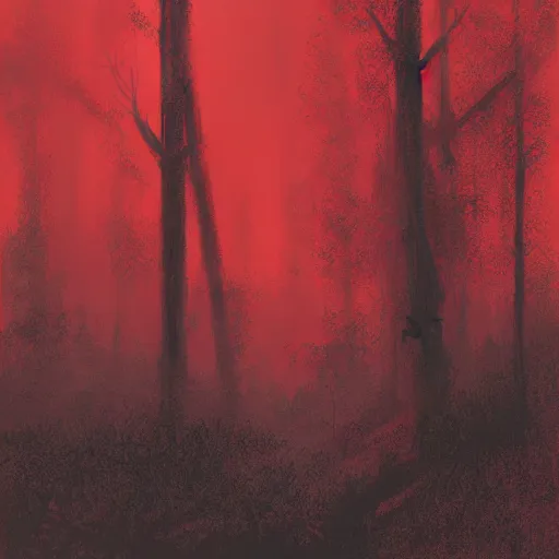 Prompt: a red silhouette of a man flying in a grey forest, eerie, craig mullins