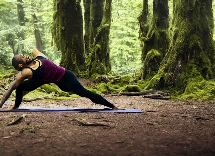 Image similar to lebron james doing yoga in the forest, film still in the new batman movie, 4 k