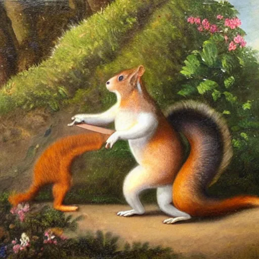 Image similar to a giant squirrel carrying napoleon!!! on its back, beach scene with flowers and foliage, detailed oil painting