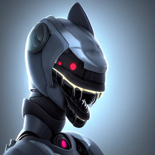 Prompt: very very beautiful furry art, bust profile picture of a male robotic anthro shark, dark visor covering face, wide snout protruding from under visor, commission on furaffinity, cgsociety, octane render, disney