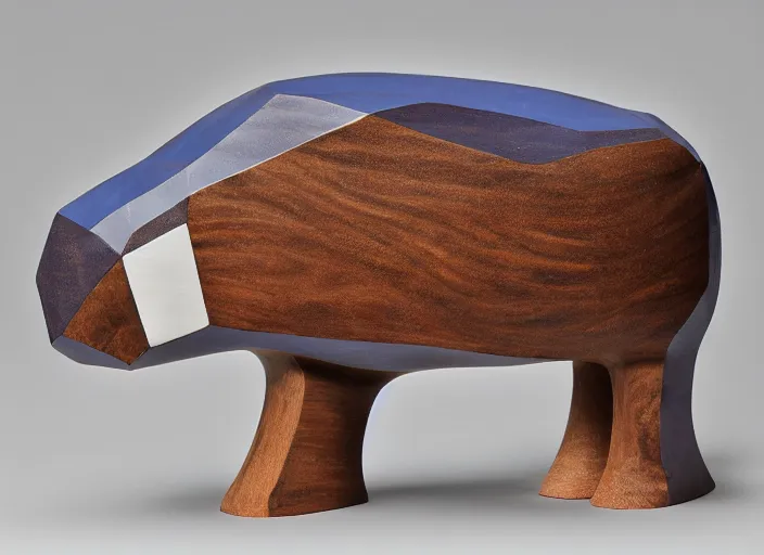 Image similar to a minimalist curvy shaped sculpture of hippopotamus! baby, bottom made half wood, top half blue translucid resin epoxy, cubic blocks stripes cuts, side view profile centered, studio, design, object