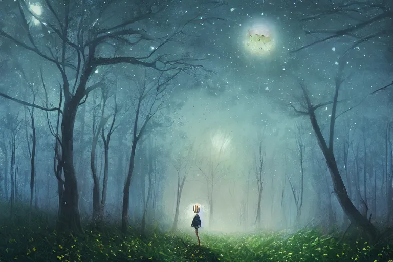 Image similar to giant daisy flowers head, girl walking in dark forest, surreal photography, dark night, stars, moon light, impressionist painting, clouds, digital painting, artstation, simon stalenhag