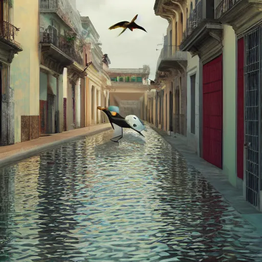 Image similar to spoonbills, toucans, and hornbills in old havana by bo bartlett, realistic 3 d, hyperrealistic, super detailed, octane render, 8 k, depth of field, glossy surface, liquid texture, trending on behance, cgsociety, cinematic lighting