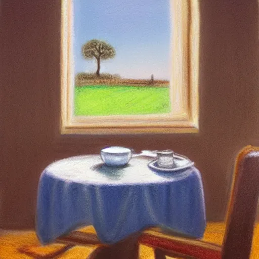 Image similar to a still life pastel painting of a breakfast table overlooking an open window