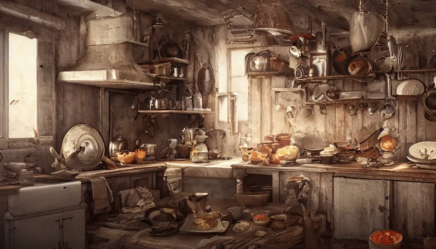 Image similar to babouchka cooking in old 1 9 0 0's wooden kitchen, pan and plates, hyperdetailed, artstation, cgsociety, 8 k