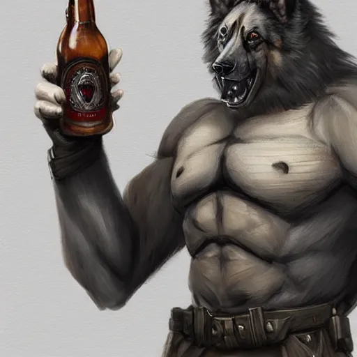 Image similar to a humanoid german shepherd beast - man in military style, holding a bottle of beer, artstation, concept art, smooth, sharp foccus ilustration, artstation