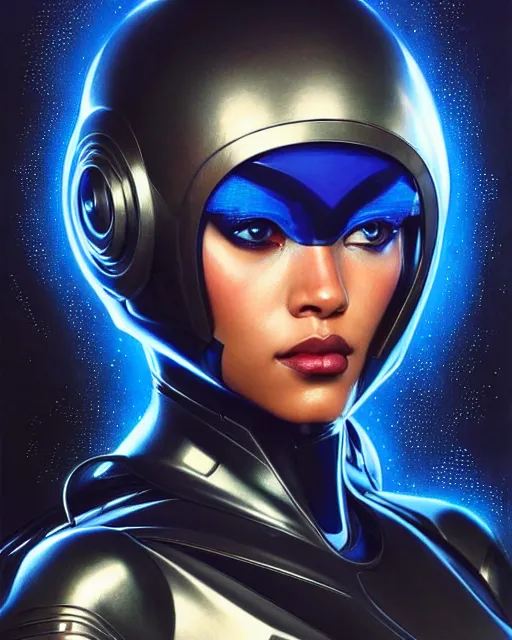 Image similar to Portrait of very very very very very very beautiful black woman, spacesuit, futuristic cybernetic helmet, blue eyes, real life skin, intricate, elegant, highly detailed, artstation, concept art, smooth, sharp focus, art by artgerm and greg rutkowski and alphonse mucha