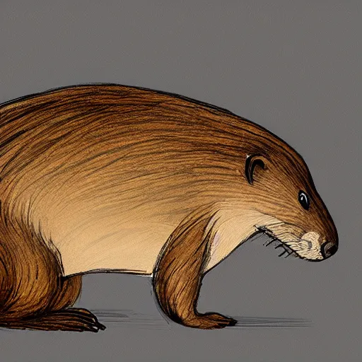 Image similar to a beaver in profile, big tail, fluffy fur drawn concept art