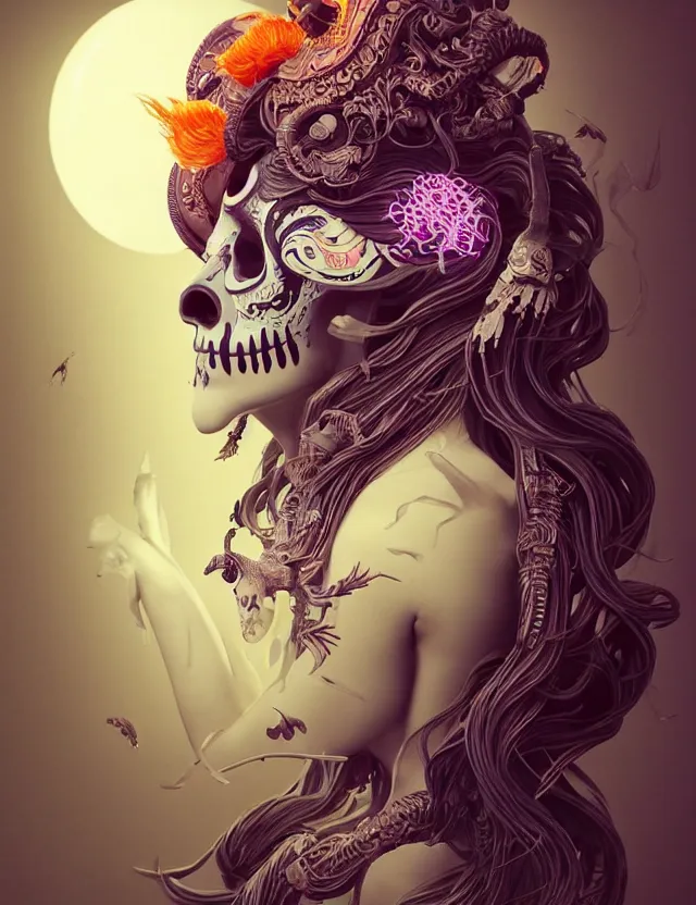 Image similar to 3 d goddess skull half - turn portrait with long hair with ram skull. beautiful intricately detailed japanese crow kitsune mask and clasical japanese kimono. betta fish, jellyfish phoenix, bio luminescent, plasma, ice, water, wind, creature, artwork by tooth wu and wlop and beeple and greg rutkowski