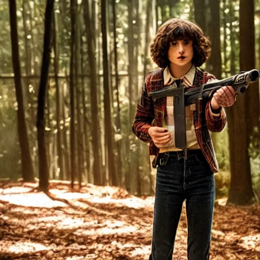 Image similar to Finn Wolfhard (Mike Wheeler) for Stranger Things holding a gun and running in a forest, dramatic lighting, cinematic, establishing shot, extremely high detail, photo realistic, cinematic lighting