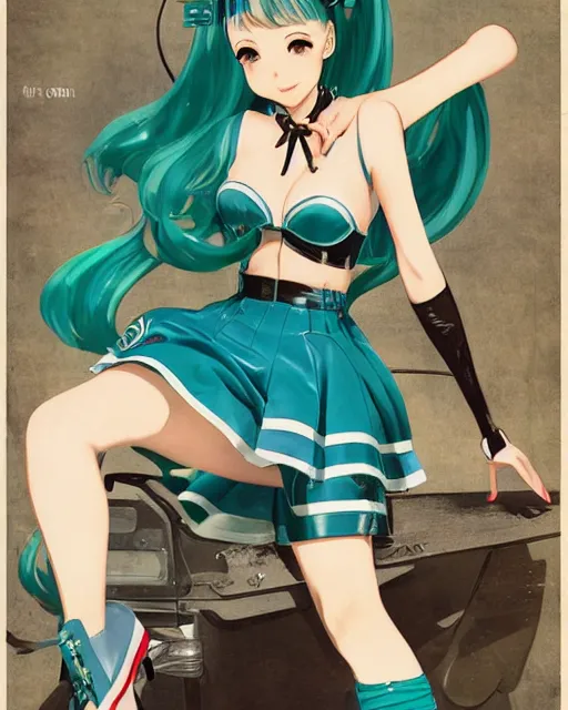 Image similar to Hatsune Miku full body pin up modeling in idol unioform, with a park in the back ground, post war style, detailed face, american postcard art style, by Gil Elvgren and krenz cushart