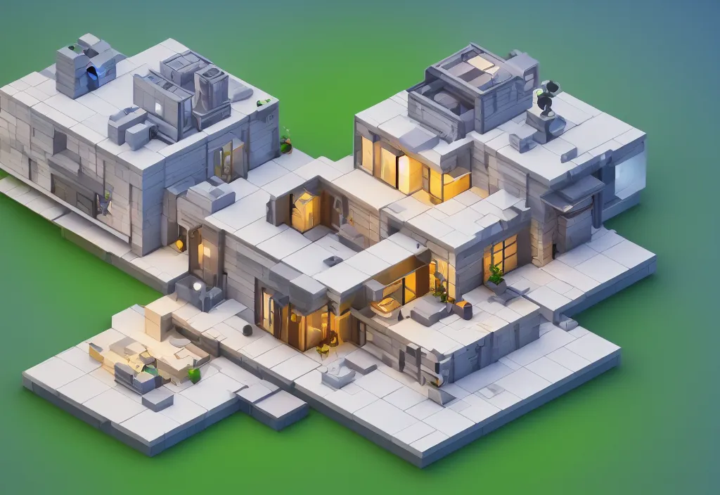 Image similar to isometric magicavoxel modern house, magicavoxel cinematic lighting, 4k