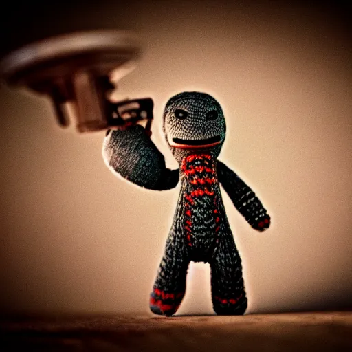 Prompt: 5 0 mm film, macro photography of littlebigplanet sackboy