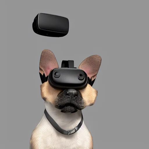 Image similar to dog with a vr headset, 8k, cute, trending on artstation