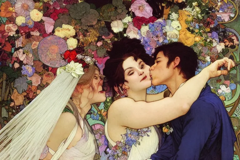 Image similar to the groom kisses the bride at a wedding full of flowers, bright and happy, dreamlike art, highly detail, 4 k realistic, wedding photoy krenz cushart. artem demura. alphonse mucha. yoji shinkawa artgerm. jon lothian. danilo torres. adi meyers. thomas reimann. gaston bussiere.