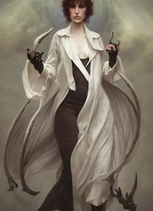 Prompt: demon white horns, elegant, wearing a trench coat, hyper realistic, extremely detailed, dnd character art portrait, fantasy art,, dramatic lighting, vivid colors, artstation, by edgar maxence and caravaggio and michael whelan and delacroix, lois van baarle and bouguereau