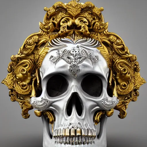 Image similar to a beautiful, ornate and intricate rococo skull with silver and gold details, 4k, octane render, vray, unreal engine, photorealistic