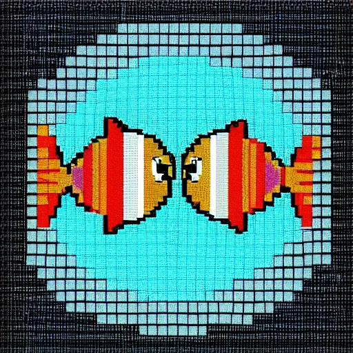 Image similar to two fishes talking to eachother in deep sea, 8 - bit art