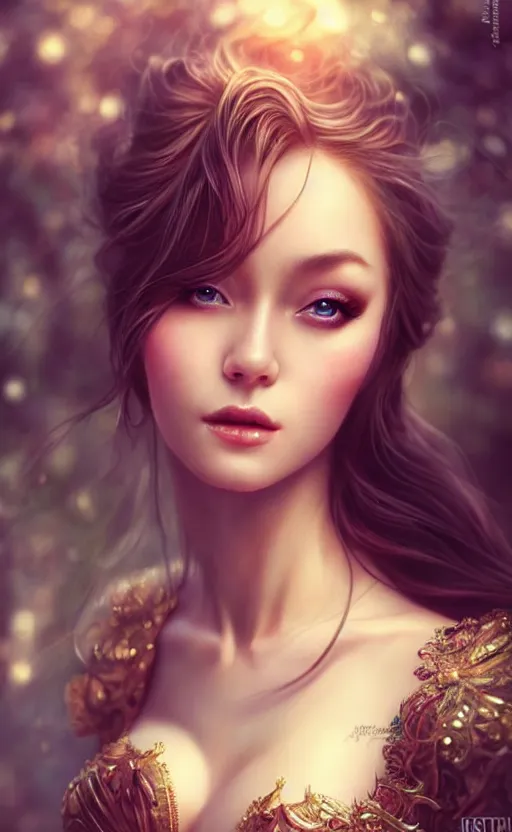 Image similar to a fantasy photo of gorgeous russian female, evening gown, bokeh, medium shot, beautiful face, professionally retouched, soft lighting, realistic, smooth face, perfect eyes, sharp focus, 8 k realistic high definition, insanely detailed, intricate, elegant, art by artgerm and kyoung hwan kim