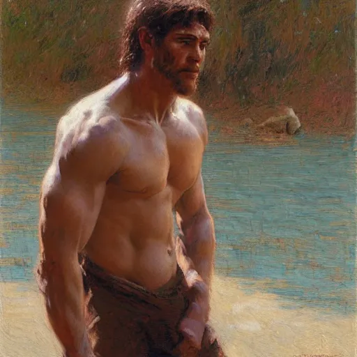 Image similar to man by the river, muscular, detailed face, correct face, painting by Gaston Bussiere, Craig Mullins