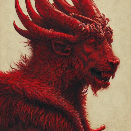 Prompt: a masterpiece! photographic portrait of a scarlet - colored!! beast!! with seven heads!! and ten horns!! by gustave dore and sam spratt and allen williams, trending on artstation, cgsociety, 8 k hd, earthtone colors, a cloaked woman riding the back of the beast