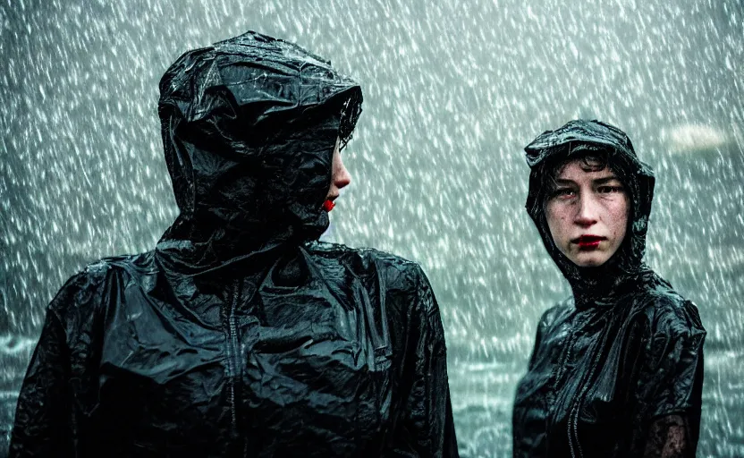 Image similar to cinestill 5 0 d candid photographic portrait by helen levitt of two loving female androids wearing rugged black mesh techwear in treacherous waters, extreme closeup, modern cyberpunk moody depressing cinematic, pouring rain, 8 k, hd, high resolution, 3 5 mm, f / 3 2, ultra realistic faces, ex machina