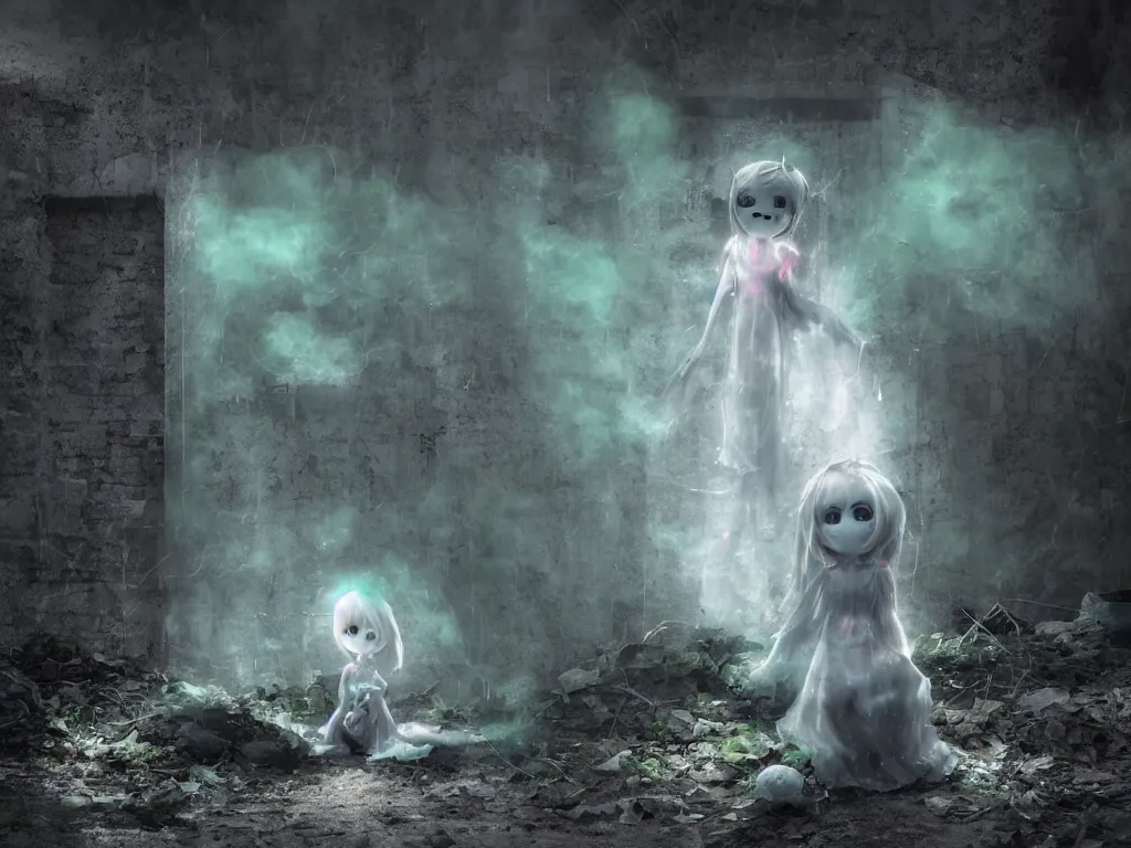 Image similar to cute fumo plush smiling ghost girl lingering in a mysterious concrete organic ruin, technicolor horror, chibi gothic maiden in tattered rags, glowing wisps of hazy green smoke and eerie blue volumetric fog swirling about, moonlight, glowing lens flare, vray