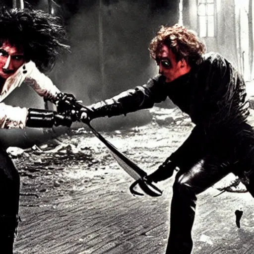 Image similar to Wdward Scissor-hands battling with Freddie Kreuger, cinematic hollywood action sequence, movie-still, gritty-thriller-action-horror