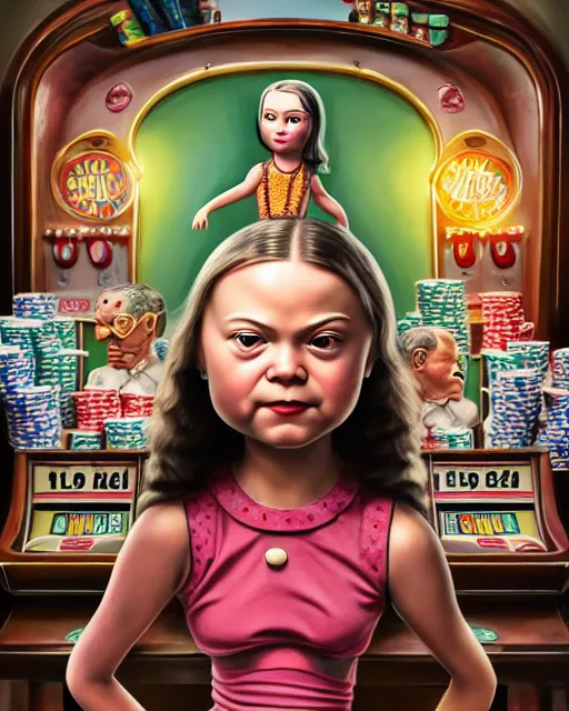Image similar to closeup profile portrait of a tin toy greta thunberg as a 1 9 3 0 s gangster's moll in a gambling den, bikini, hyper realistic, artstation, illustration, nicoletta ceccoli, mark ryden, lostfish, max fleischer, digital paint, matte paint, vivid colors, bright, cheerful, detailed and intricate environment