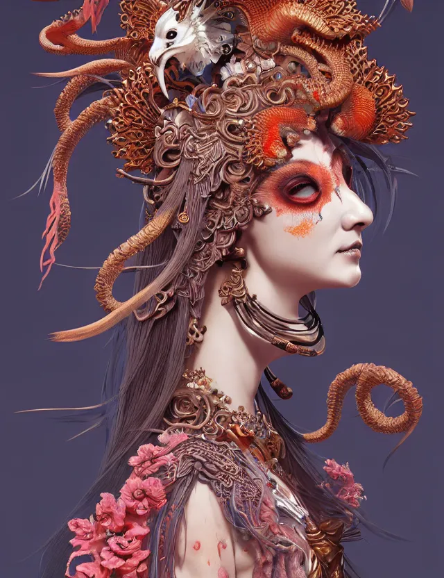 Image similar to 3 d goddess of hell close - up profile portrait with ram skull. beautiful intricately detailed japanese crow kitsune mask and clasical japanese kimono. betta fish, jellyfish phoenix, bio luminescent, plasma, ice, water, wind, creature, artwork by tooth wu and wlop and beeple and greg rutkowski