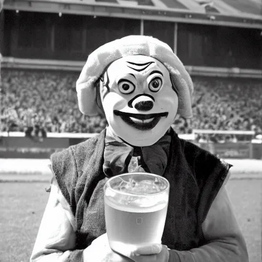 Prompt: silly little grumpy man clown with a beer in front of a soccer match, kodak photo