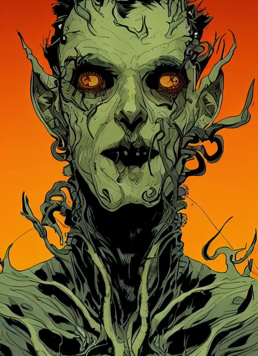 Prompt: in the style of joshua middleton and frank miller, a zombie wizard, lovecraftian, symmetrical eyes, symmetrical face, forest, cinematic lighting, scary, sin city