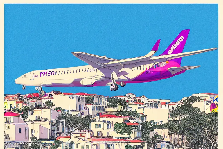 Prompt: extremely low landing of a wizzair at skiathos, greece. risograph artwork by moebius and alex ross, intricately deteailed, trending on artstation