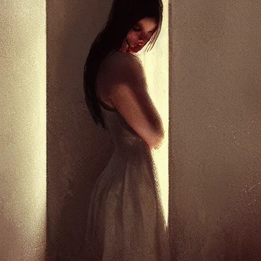 Prompt: “A girl wearing a white dress hugging herself in a corner of a dark room hiding from demons by Greg Rutkowski, realism, trending on Artstation” n-9