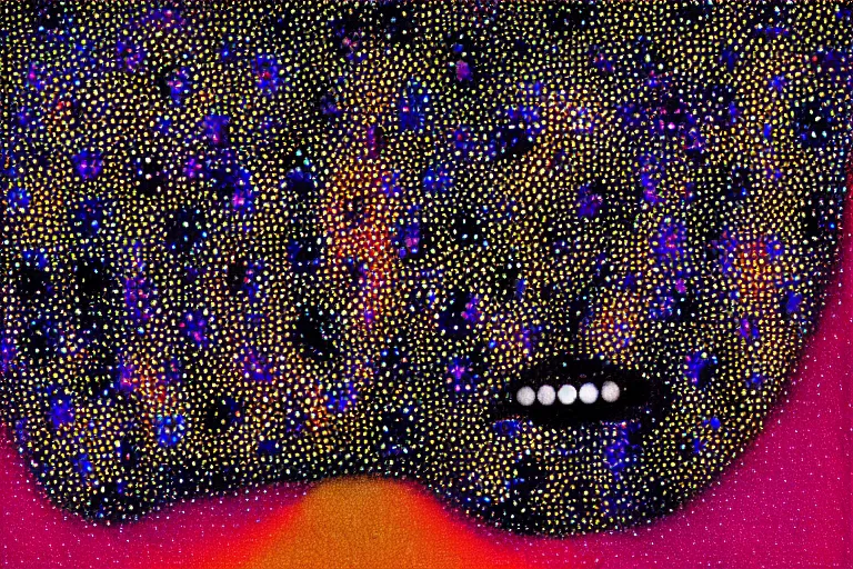 Image similar to teeth, smile, faceless people dark, dots abstract, dripping, stipple, pointillism, technical, abstract, minimal, style of francis bacon, asymmetry, pulled apart, stretch, cloak, eerie, made of dots, abstraction chemicals, balaclava mask, colored dots, sploch