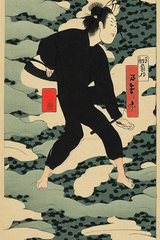 Image similar to Ukiyo-e art of squatting man in black Adidas tracksuit, birch trees