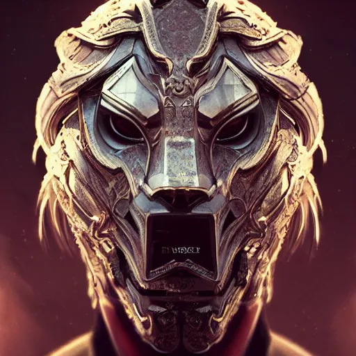 Image similar to Very very very very highly detailed epic zoom out photo of full face with lion venetian mask, intricate, dystopian, sci-fi, extremely detailed, digital painting, artstation, concept art, smooth, sharp focus, illustration, intimidating lighting, incredible art by Artgerm and Vincent di Fate and WLOP